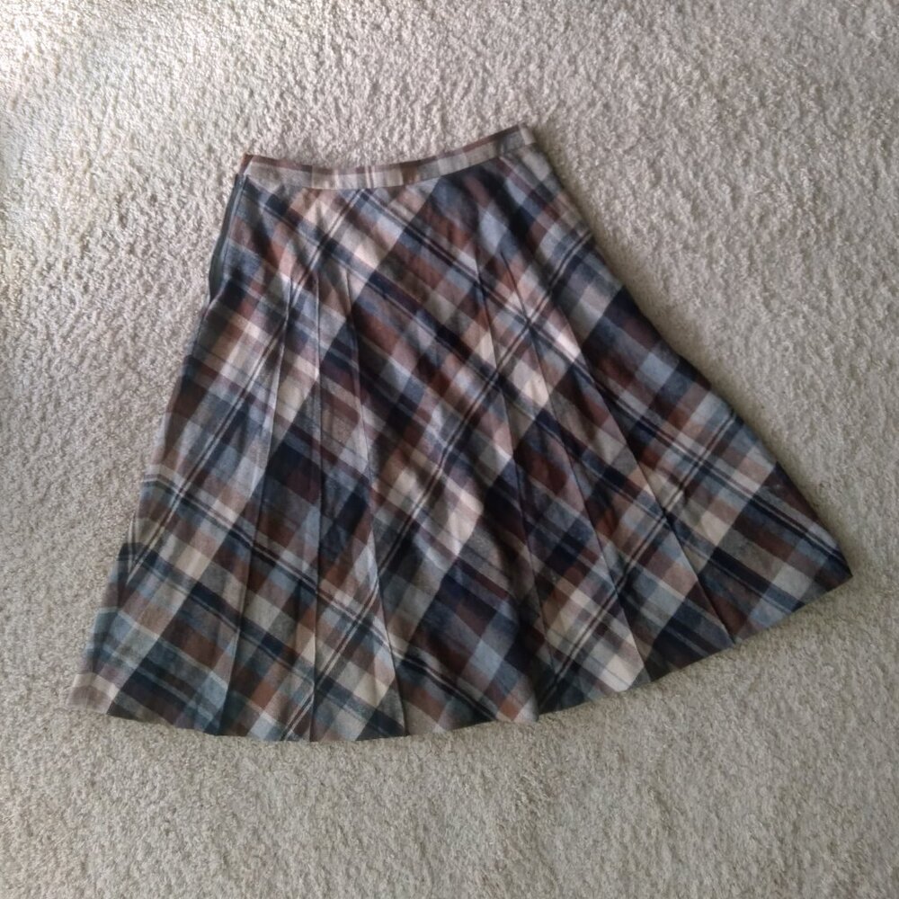 Vintage 70s 80s Koret of California Brown Gray Wool Blend Plaid Midi Skirt
